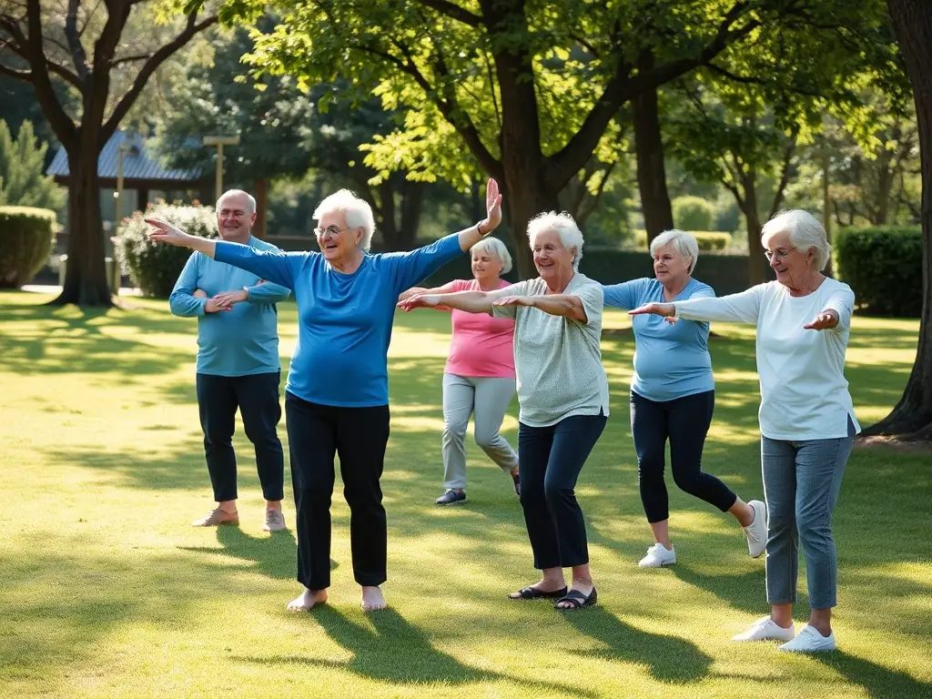 An elderly group doing light exercises in a park, focusing on mobility and balance, with a trainer ensuring safe and effective movements.