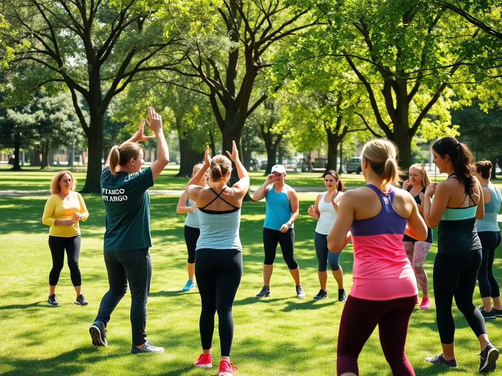 A group of adults participating in a low-impact aerobics class, led by an instructor, emphasizing cardiovascular health and flexibility in a supportive community setting.