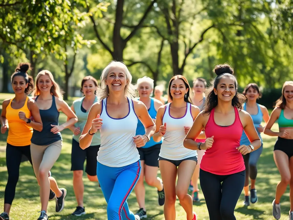 A group of people of different ages exercising together in a park, smiling and enjoying themselves.