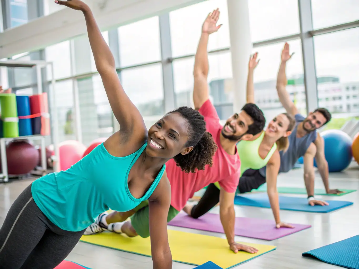 A diverse group of adults participating in a dynamic fitness class indoors, with a focus on cardiovascular health and strength training, led by an energetic instructor.