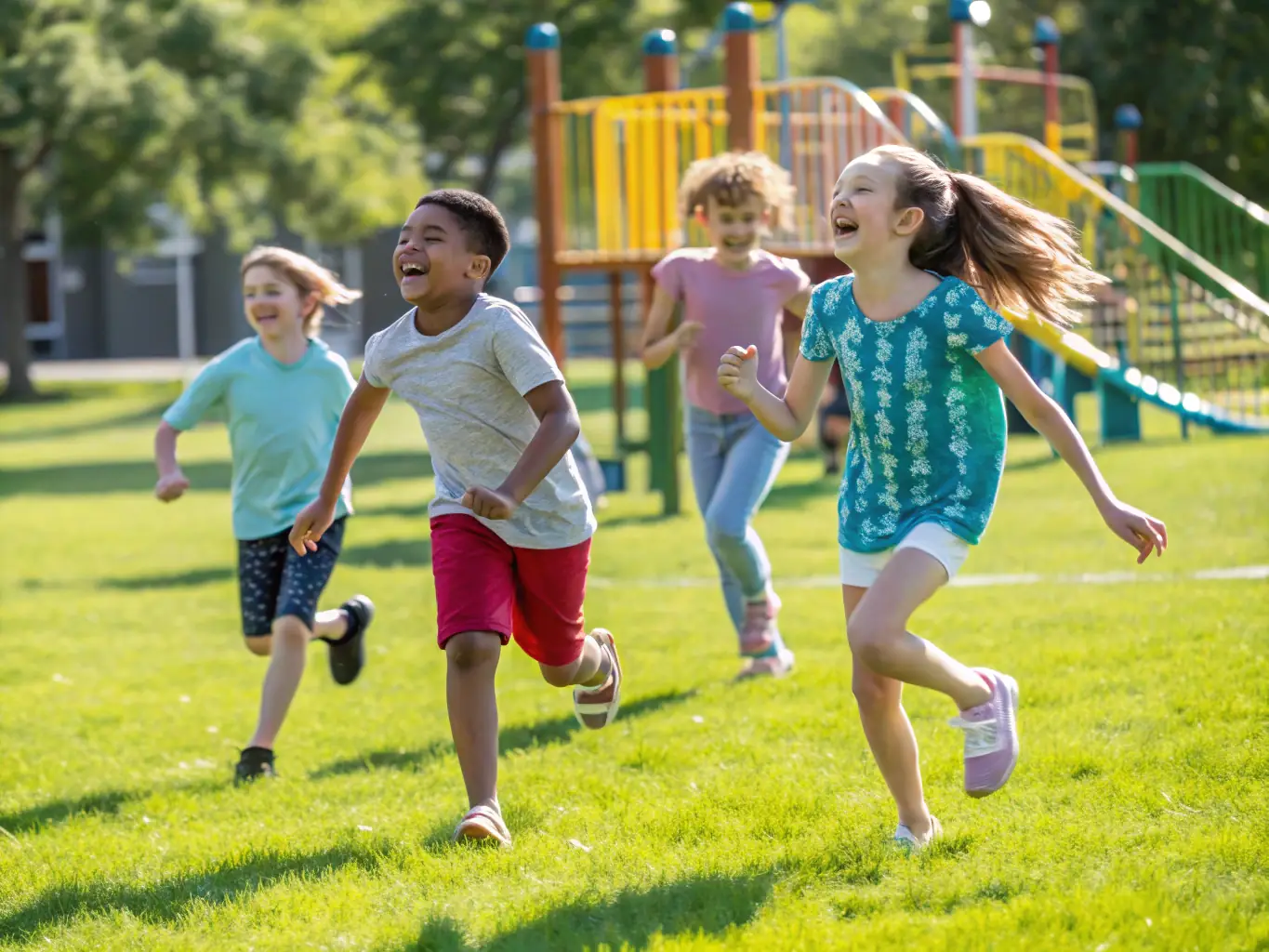 Children engaging in playful physical activities in a safe and supervised environment, promoting coordination, teamwork, and a love for sports.
