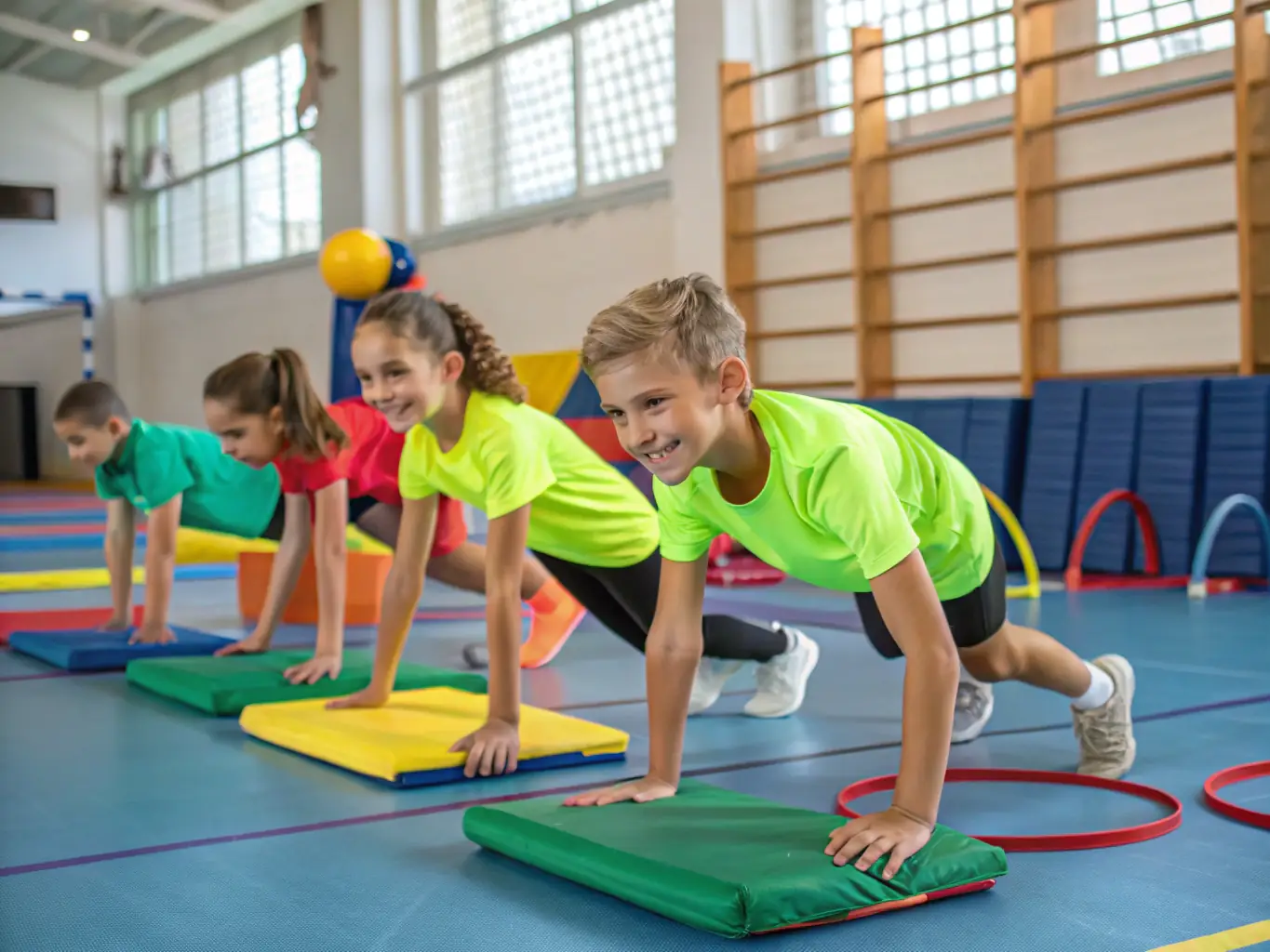 A group of children participating in a gymnastics class, focusing on balance and coordination, with a qualified instructor guiding them in a safe and supportive environment.
