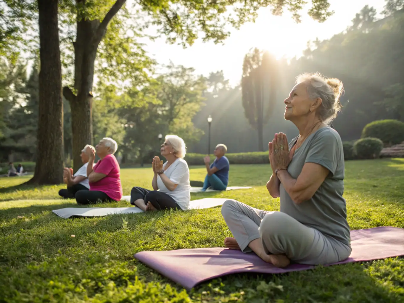 A group of seniors participating in a gentle gymnastics class in a sunny park, focusing on flexibility and balance, with a qualified instructor guiding them.